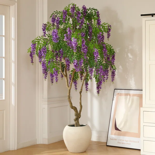 Adcock+8ft+Artificial+Flower+Tree+with+18in+White+Planter,+Tall+Faux+Matthiola+incana+Trees