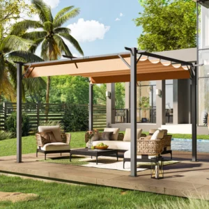 12 ft. W x 10 ft. D Outdoor Metal Pergola with Retractable Canopy and Anchoring Stand