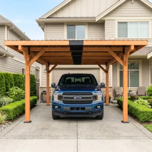 FT Heavy Duty Wooden Carport - Steel Slanted Hardtop Roof Gazebo, Multi-Functional Utility Outdoor Vehicle
